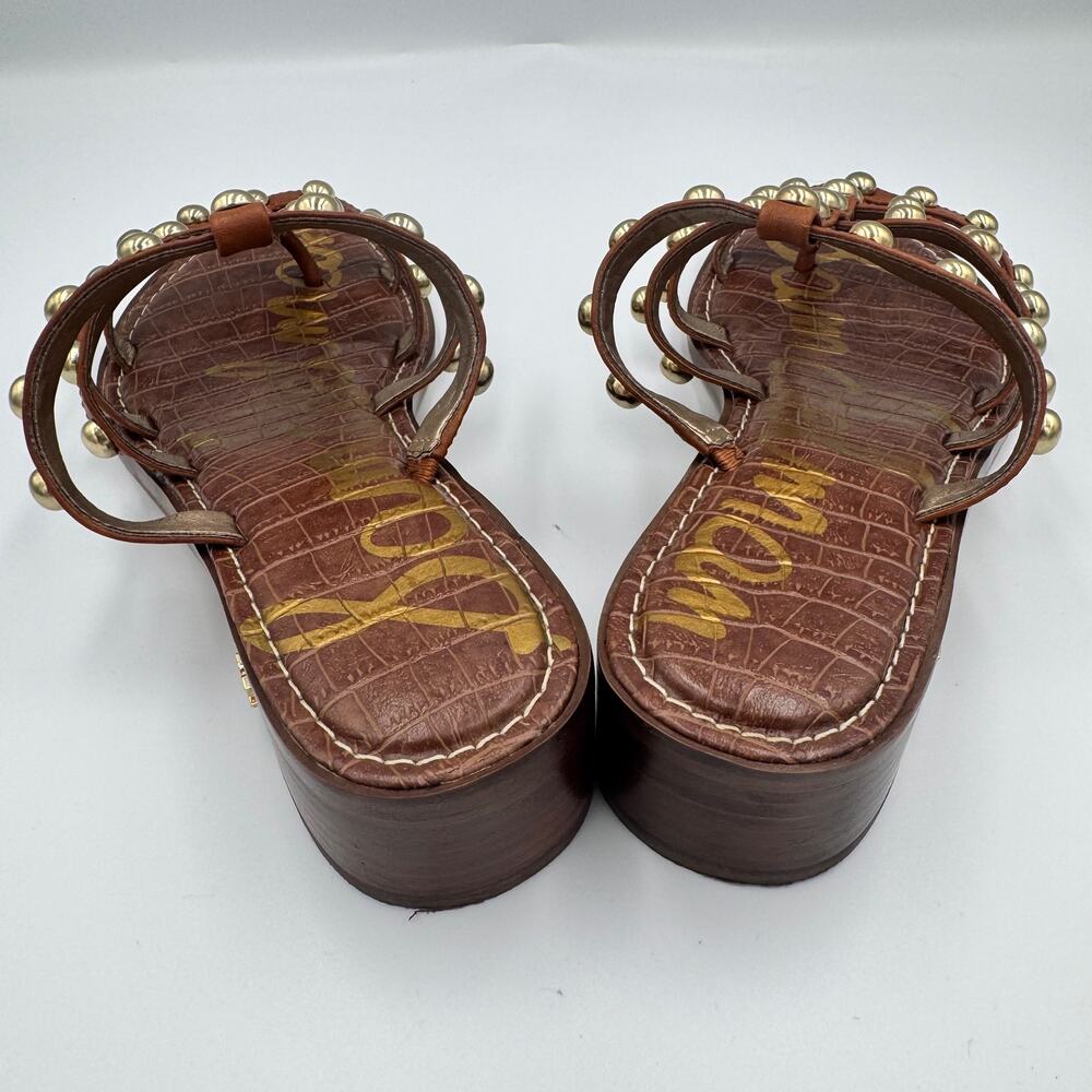 Sam Edelman Juniper Studded Gladiator Slide Sandal Brown Leather Gold 8.5 38.5 - Picture 7 of 15